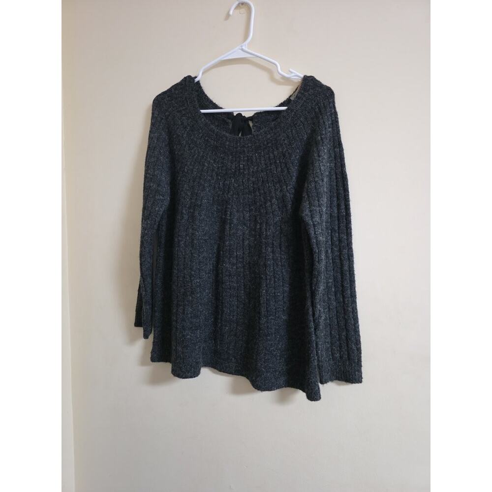 Charcoal Gray Ribbed Knit Sweater with Back Tie Detail